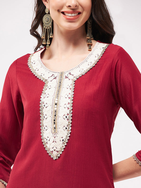 Festive Embroidered Neck-Patch Panelled Kurta With Laces