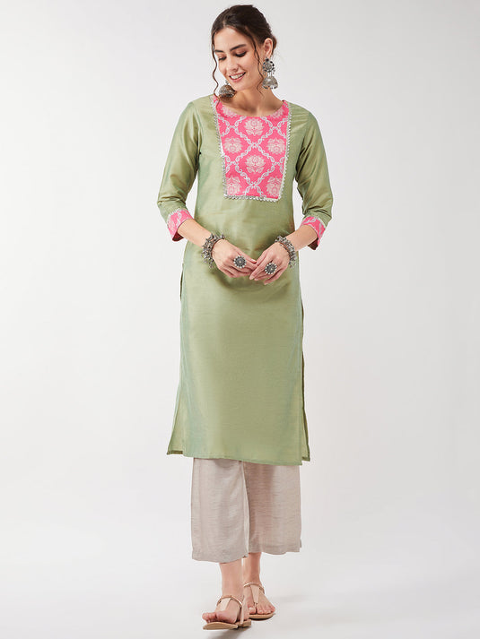 Semi-Festive Pastel Lace Yoke Detailed Straight Kurta