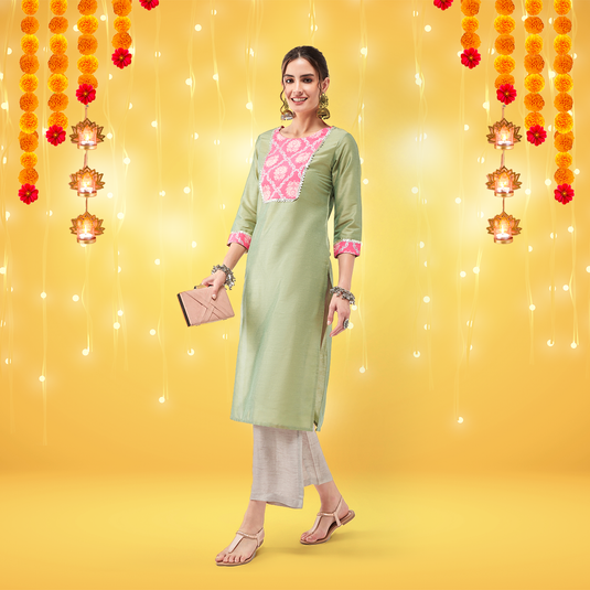 Semi-Festive Pastel Lace Yoke Detailed Straight Kurta