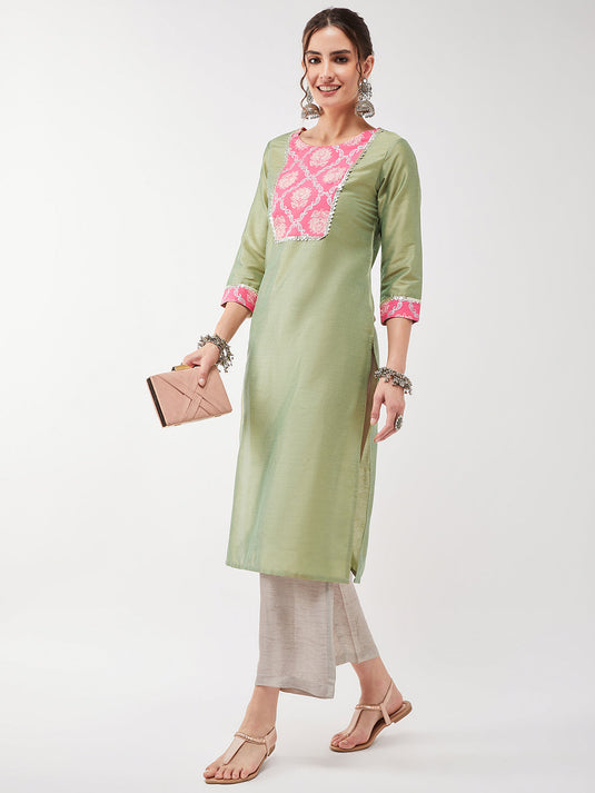 Semi-Festive Pastel Lace Yoke Detailed Straight Kurta