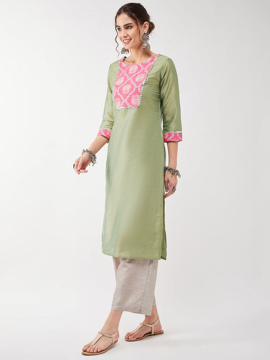 Semi-Festive Pastel Lace Yoke Detailed Straight Kurta