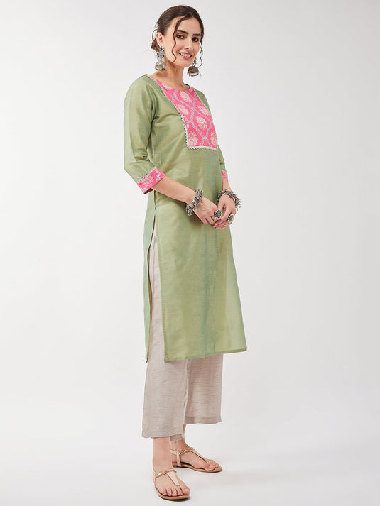 Semi-Festive Pastel Lace Yoke Detailed Straight Kurta