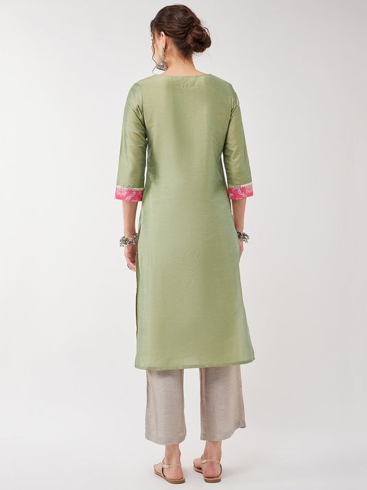 Semi-Festive Pastel Lace Yoke Detailed Straight Kurta