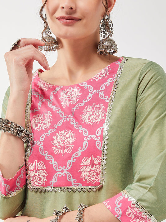 Semi-Festive Pastel Lace Yoke Detailed Straight Kurta