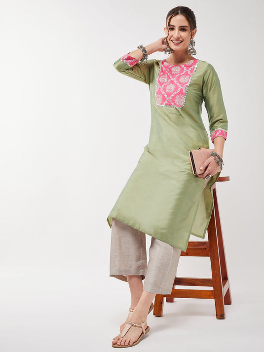 Semi-Festive Pastel Lace Yoke Detailed Straight Kurta