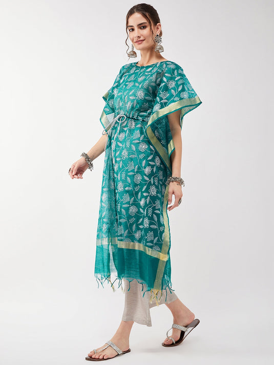 Semi-Festive Printed Dori Tie-up Kaftan Kurta