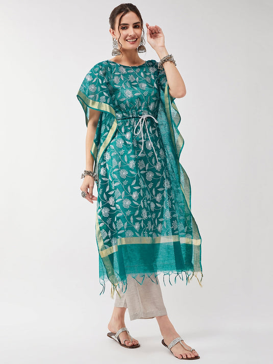 Semi-Festive Printed Dori Tie-up Kaftan Kurta