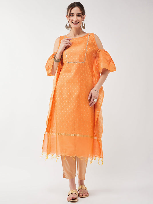 Semi-Festive Banarasi Cold-Shoulder Kaftan Kurta