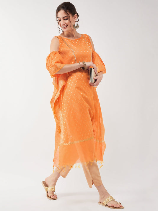 Semi-Festive Banarasi Cold-Shoulder Kaftan Kurta