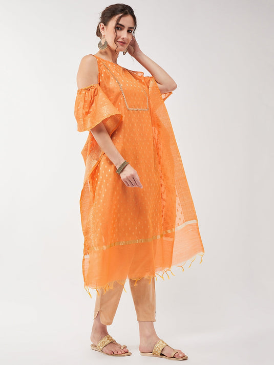 Semi-Festive Banarasi Cold-Shoulder Kaftan Kurta