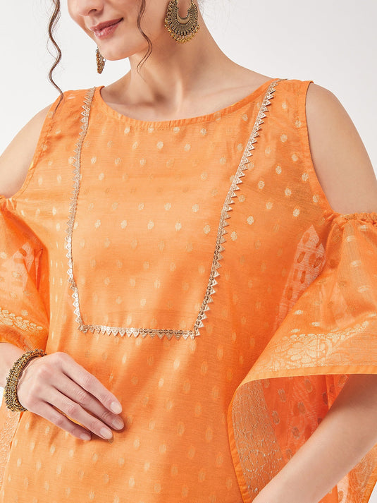 Semi-Festive Banarasi Cold-Shoulder Kaftan Kurta