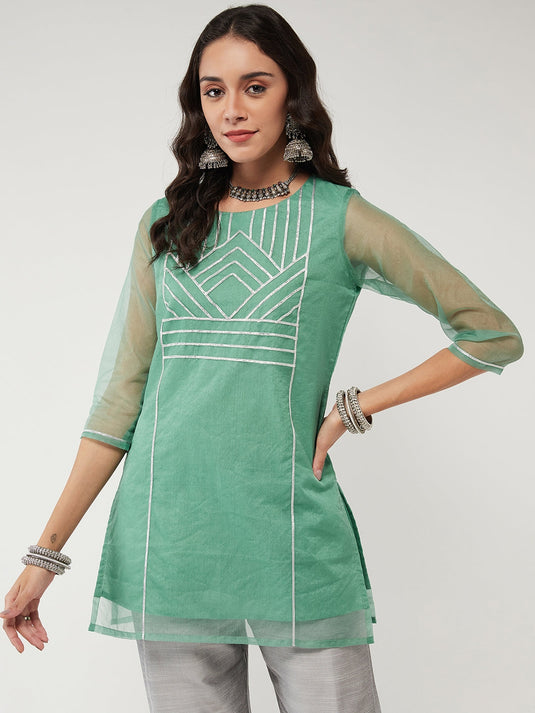 Fusion Short Pastel Kurta With Lace Detailing In Front