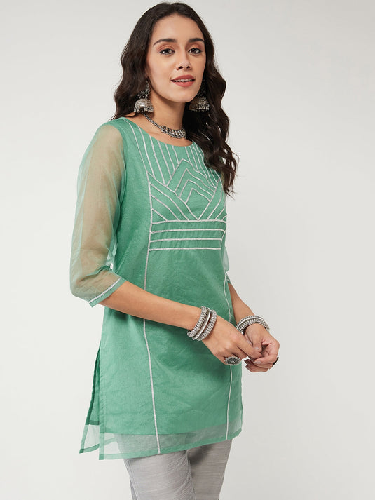 Fusion Short Pastel Kurta With Lace Detailing In Front