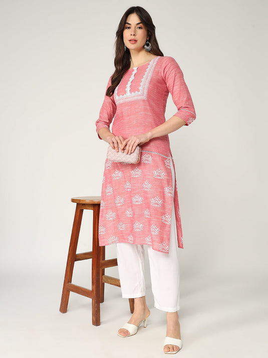 Straight Fit Printed Kurta With Lace At Front Yoke