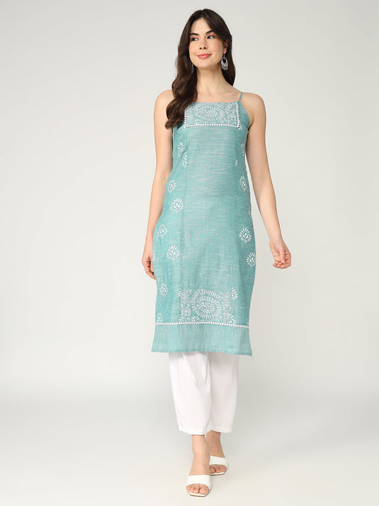 Straight Fit Printed Strappy Short Kurta With Lace Details