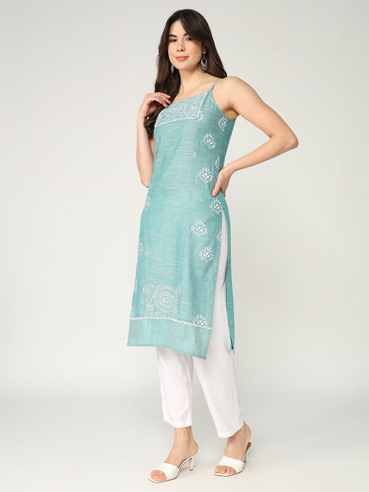 Straight Fit Printed Strappy Short Kurta With Lace Details