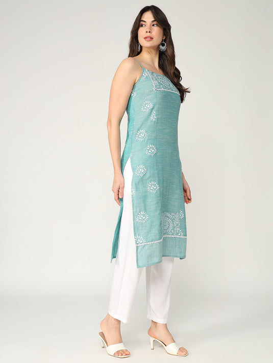 Straight Fit Printed Strappy Short Kurta With Lace Details