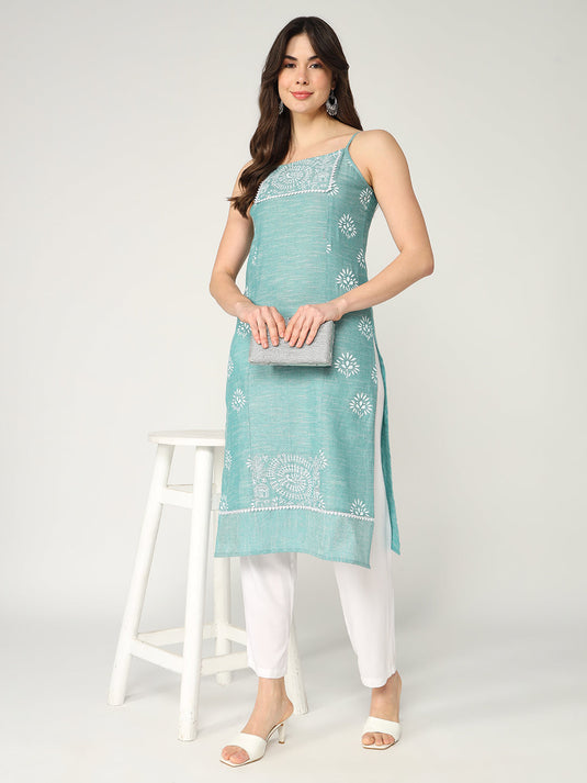 Straight Fit Printed Strappy Short Kurta With Lace Details