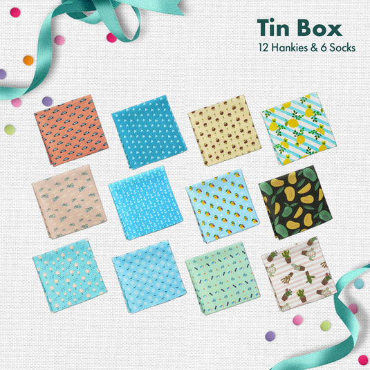 GMT! Giraffe Mood Time! Tin Gift Box, 12 Men's Hankies + 6 Unisex Crew Length Socks, 100% Organic Cotton, Box of 18