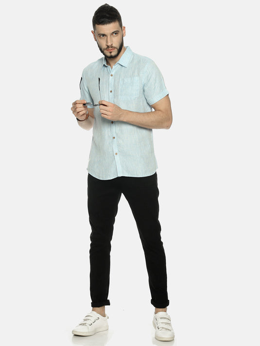 Men Sky Blue Hemp Casual Half Sleeve Shirt