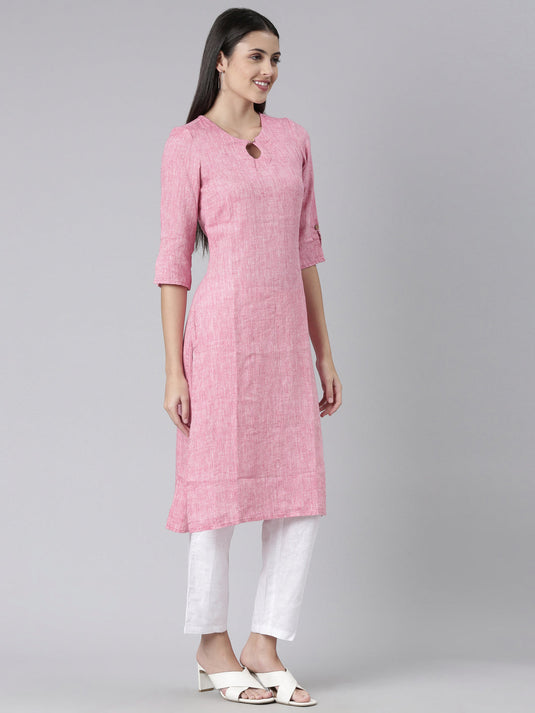 Women Solid Rani Pink and White Kurta Set