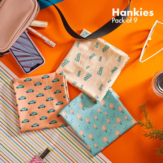 Travelicious! + Happy High! + Now You Sea Me! Unisex Hankies, 100% Organic Cotton, Pack of 9