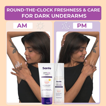 Sanfe Spotlite AM & PM Underarm Lightening Combo | For Extra Dark underarms | 3X Quicker Penetration With Glycodeep Technology | Spotlite Cream & Sensitive Area Serum | For Dark Patches, Detanning and Skin Tightening