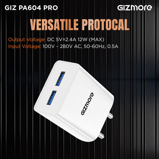 GIZMORE PA604C PRO 5V/2.4A Fast Charging Adapter with Inbuilt Type-C Cable