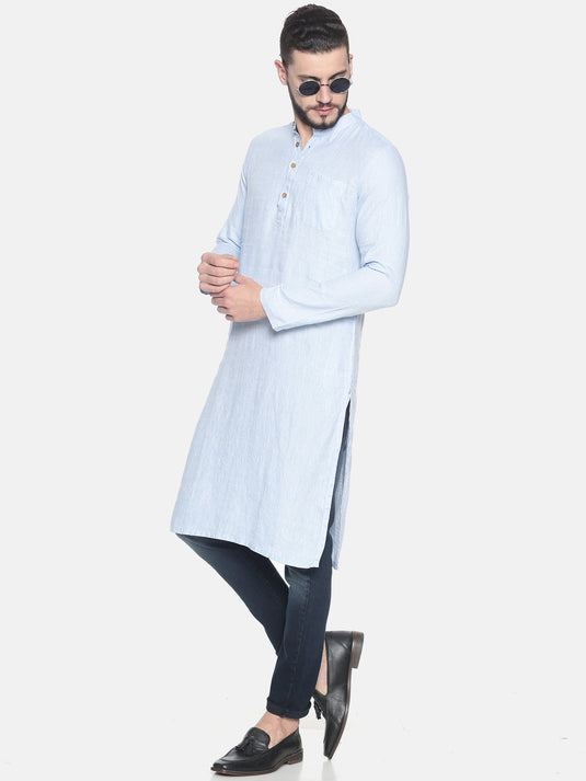 Men Sky Blue Hemp Long Kurta