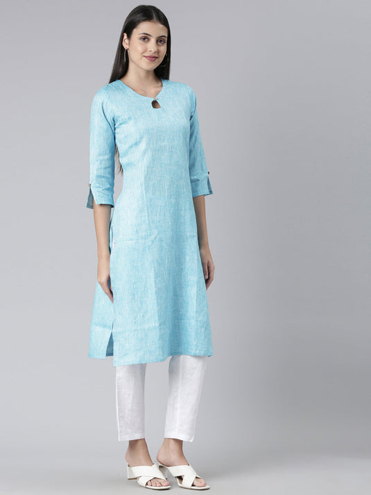 Women Solid Blue and White Kurta Set