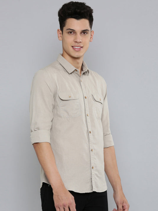 Men Hemp Beige Double Pocket Utility Shirt