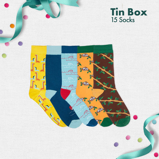 Peacock A Boo! Tin Gift Box, Unisex Crew Length Socks, 100% Organic Cotton, Box Of 15