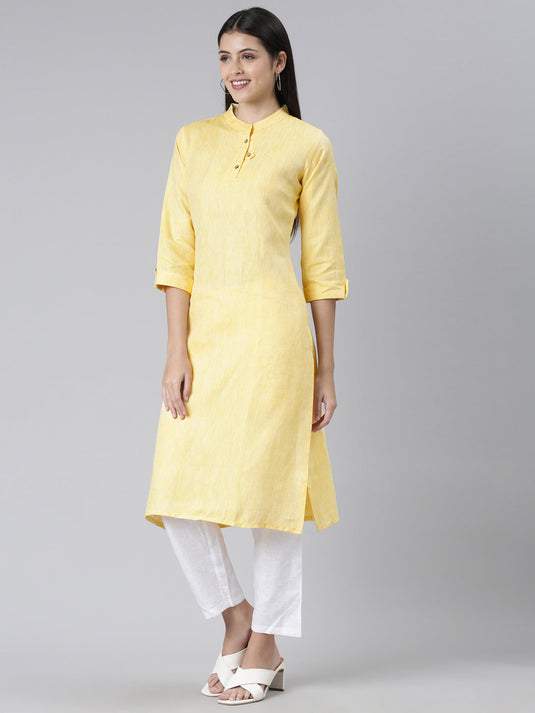 Women Solid Yellow and White Kurta Set