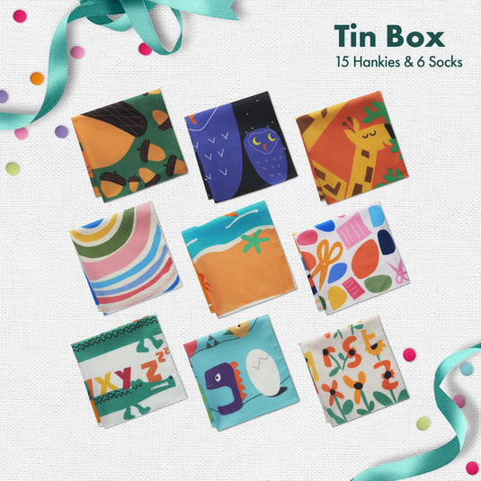 GMT! Giraffe Mood Time! Tin Gift Box, 15 Kid's Hankies + 6 Kid's Socks, 100% Organic Cotton, Box of 21