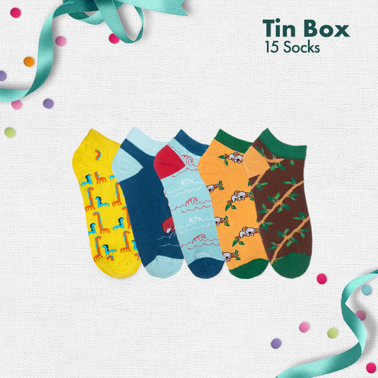 Peacock A Boo! Tin Gift Box, Unisex Ankle Length Socks, 100% Organic Cotton, Box Of 15