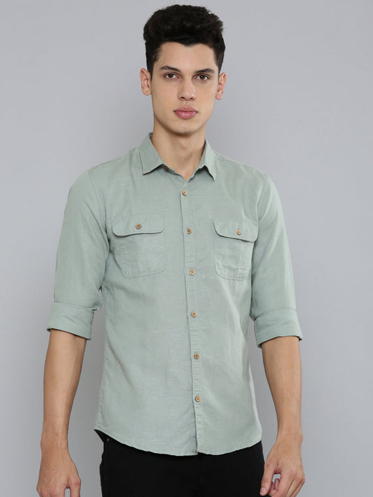 Men Hemp Lily Green Double Pocket Utility Shirt