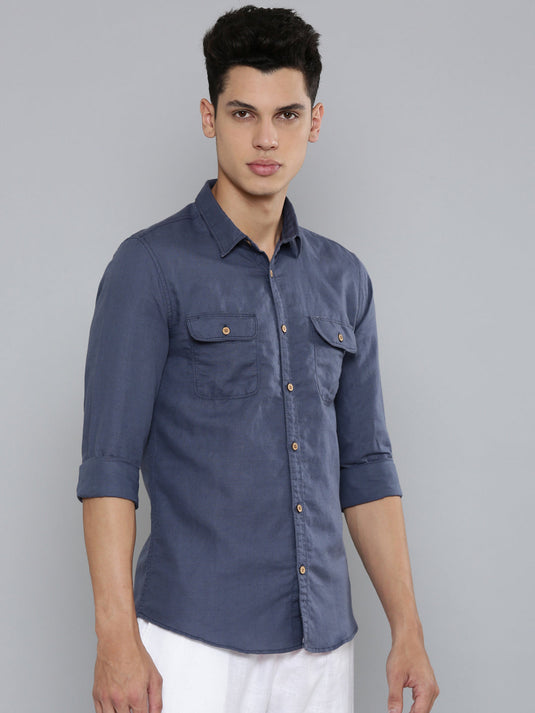 Men Hemp Midnight Blue Double Pocket Utility Shirt