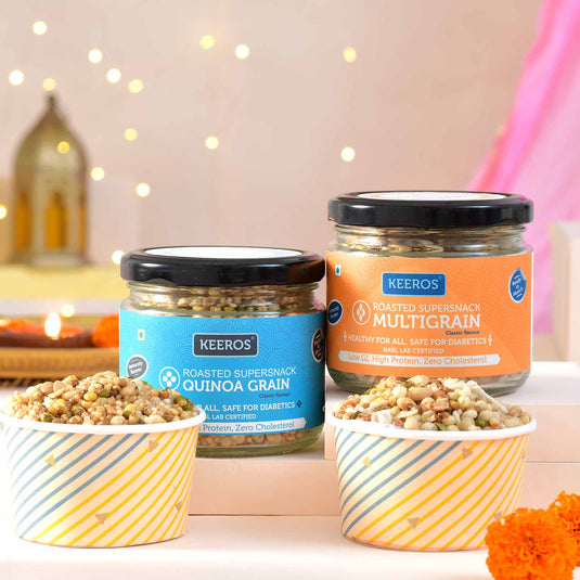 Keeros Healthy Bhai Dooj Gift Hamper for Brother with Roli Moli Chandan Tikka Chawal Mishri Pack | Combo of Sweet & Salted, Tasty & Nutritious Super Snacks in Glass Jars Packed in a Beautiful Gift Hamper