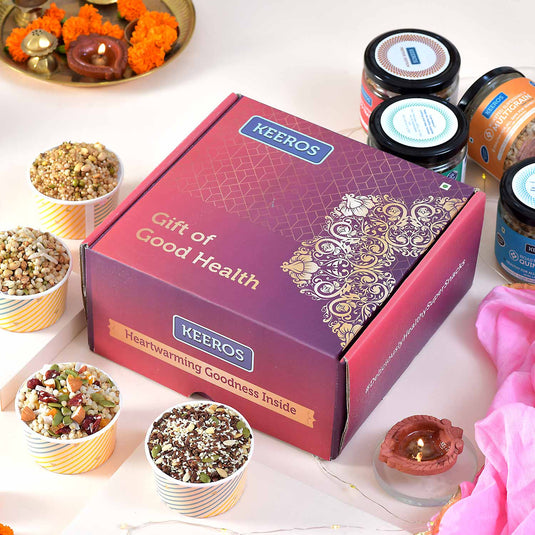 Keeros Healthy Bhai Dooj Gift Hamper for Brother with Roli Moli Chandan Tikka Chawal Mishri Pack | Combo of Sweet & Salted, Tasty & Nutritious Super Snacks in Glass Jars Packed in a Beautiful Gift Hamper