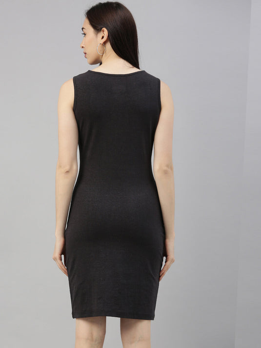 Women Black Sleeveless Bodycon Solid Hemp Sheath Dress