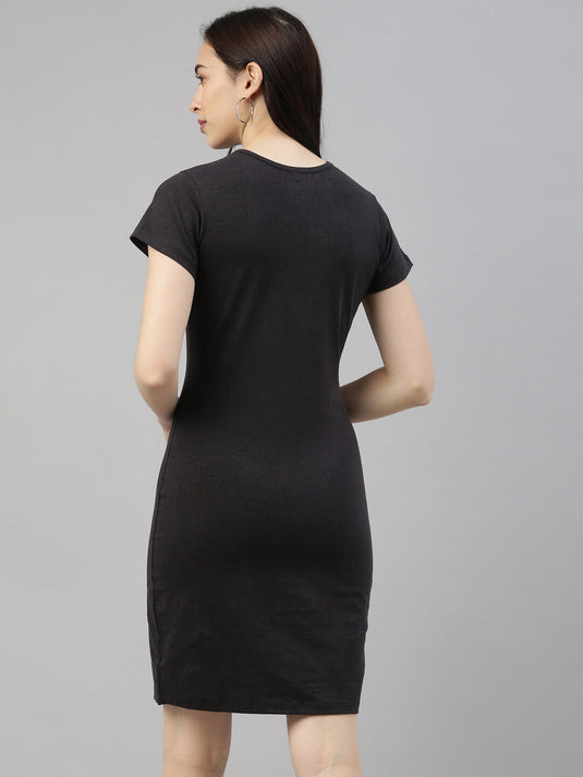 Women Black Single-Slit Roundneck Hemp Solid T-Shirt Dress