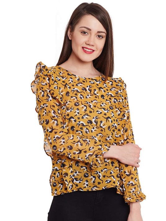 Pannkh Women's Cat Print Frill Top