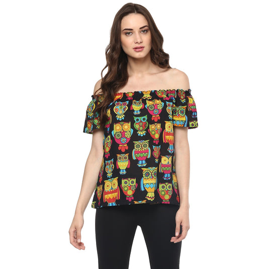 Pannkh Women's Off-Shoulder Owl Printed Top