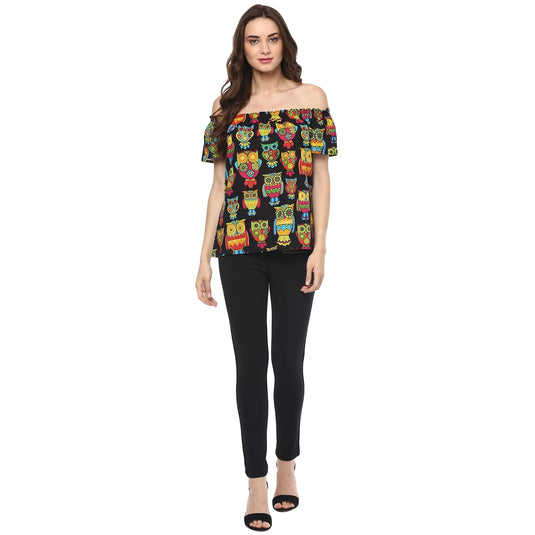 Pannkh Women's Off-Shoulder Owl Printed Top