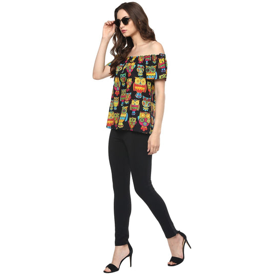 Pannkh Women's Off-Shoulder Owl Printed Top