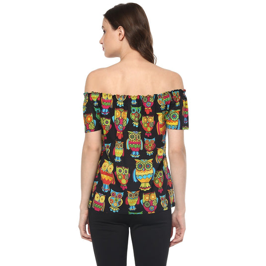 Pannkh Women's Off-Shoulder Owl Printed Top