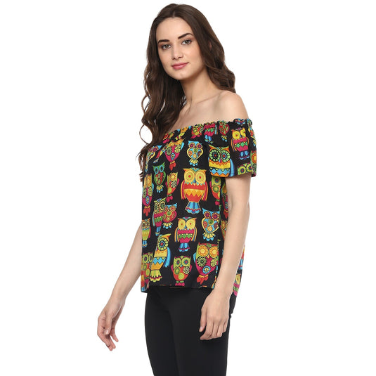 Pannkh Women's Off-Shoulder Owl Printed Top