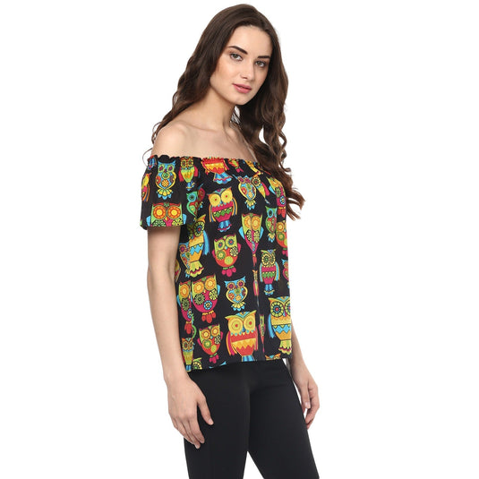 Pannkh Women's Off-Shoulder Owl Printed Top