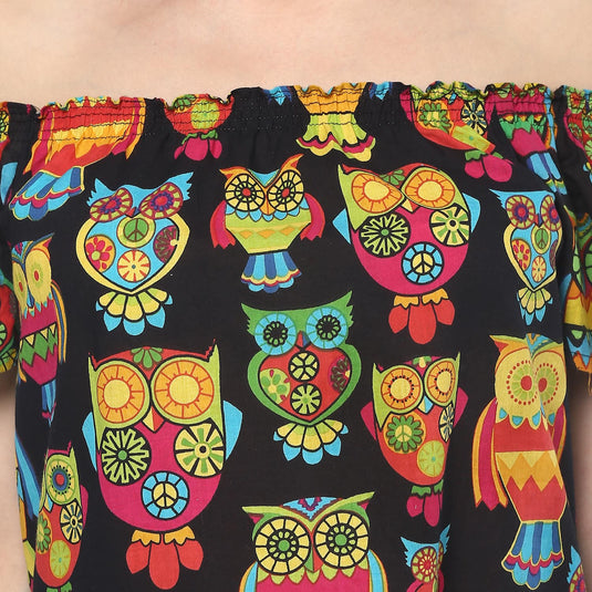 Pannkh Women's Off-Shoulder Owl Printed Top