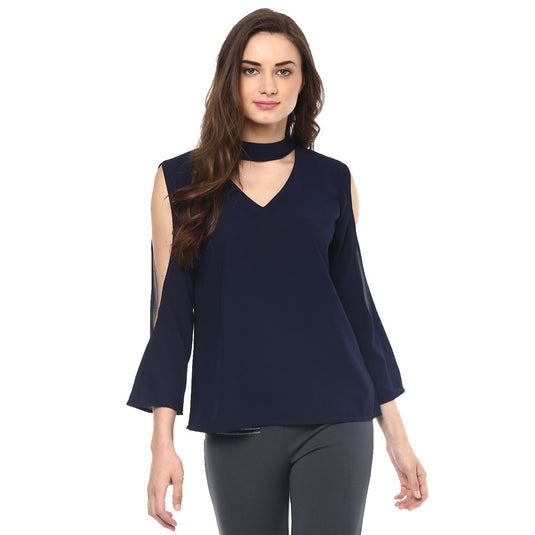 Pannkh Women's Neck Band Cold Shoulder Top